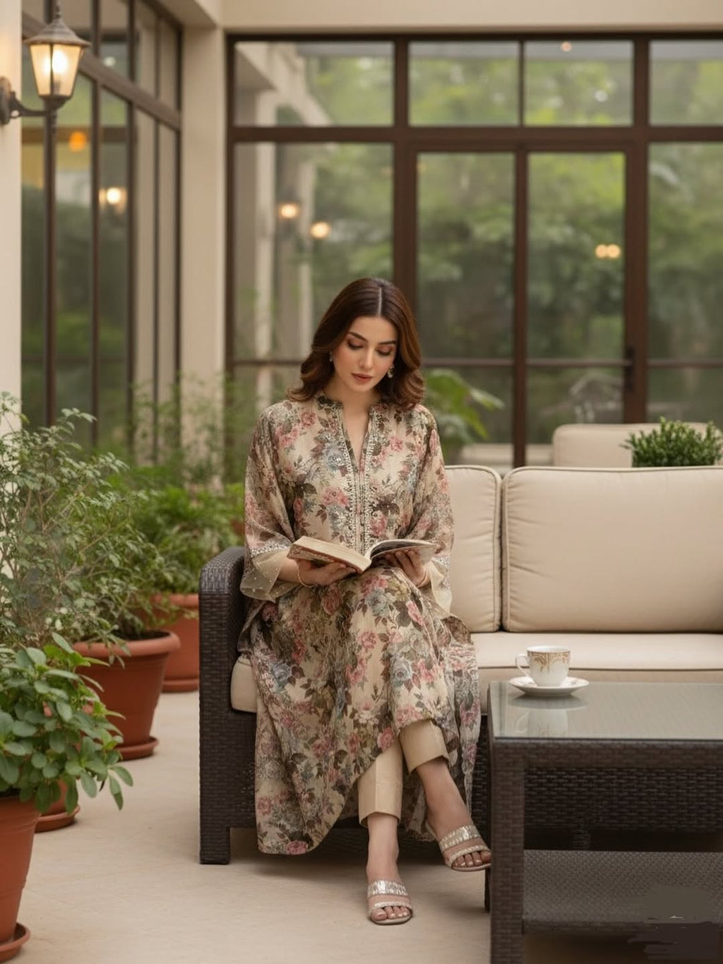 Beige Floral Garden Print Kaftan Kurta – Soft, Romantic & Effortlessly Elegant