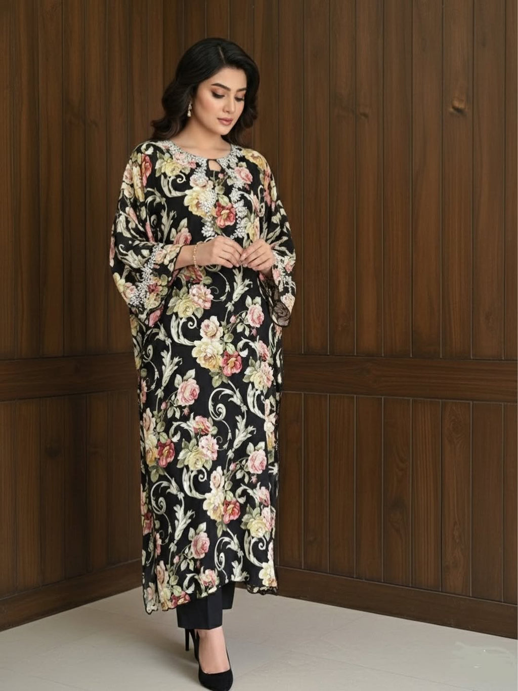 Black Floral Printed Kurta with Pearl Embellished Yoke – Women's Festive Kaftan Set