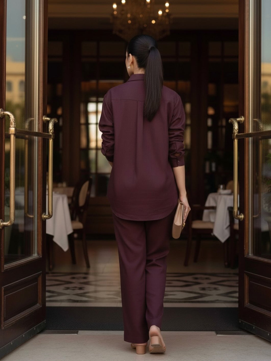 Deep Maroon Co-ord Set – Shirt & Wide-Leg Pants – Women's Modern Office Wear