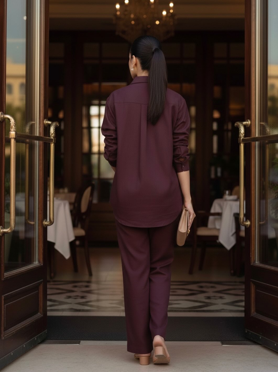 Deep Maroon Co-ord Set – Shirt & Wide-Leg Pants – Women's Modern Office Wear