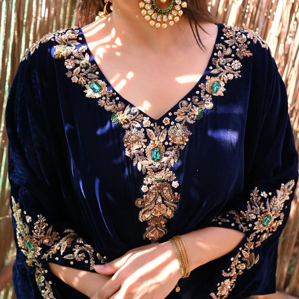 Navy Blue Velvet Embroidered Suit with Heavy Gota Patti & Beads – Winter Luxury Redefined