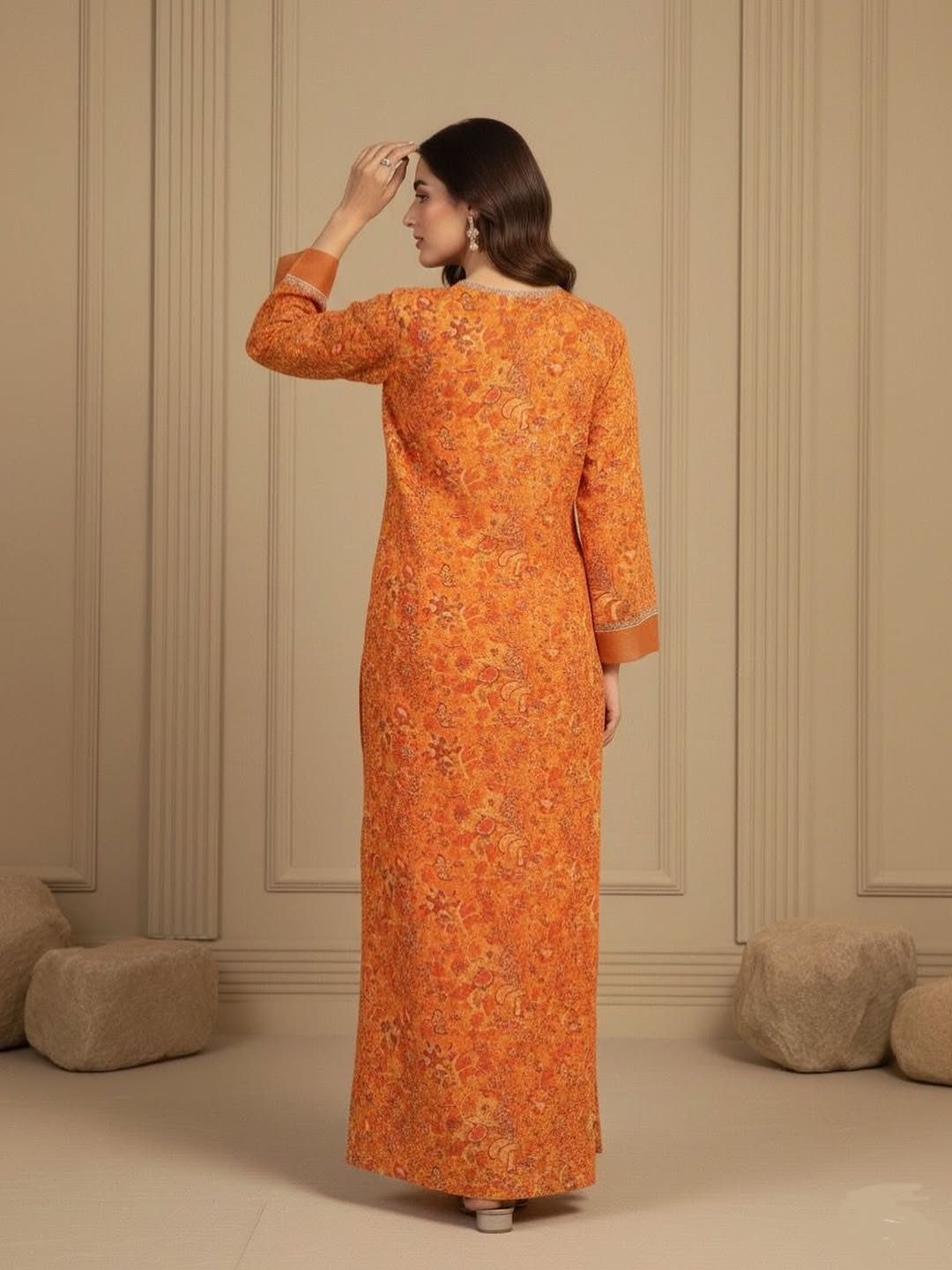 Burnt Orange Floral Printed Kurta Set – Multicolor Paisley & Gota Work - XS