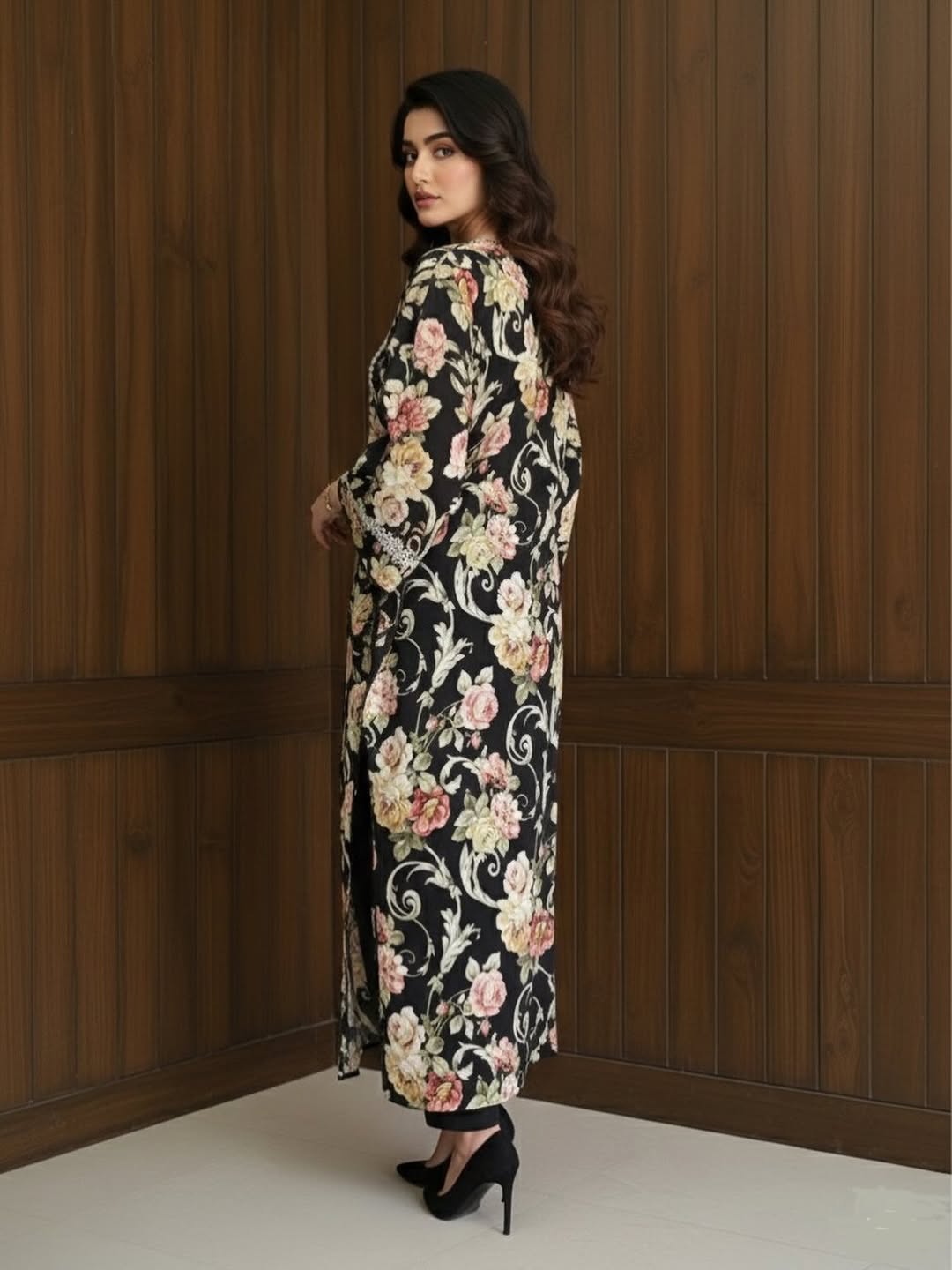Black Floral Printed Kurta with Pearl Embellished Yoke – Women's Festive Kaftan Set