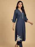 Navy Blue Embroidered Lawn Kurti with Floral Hem & Bow Details – Women's Casual Suit Set - XS