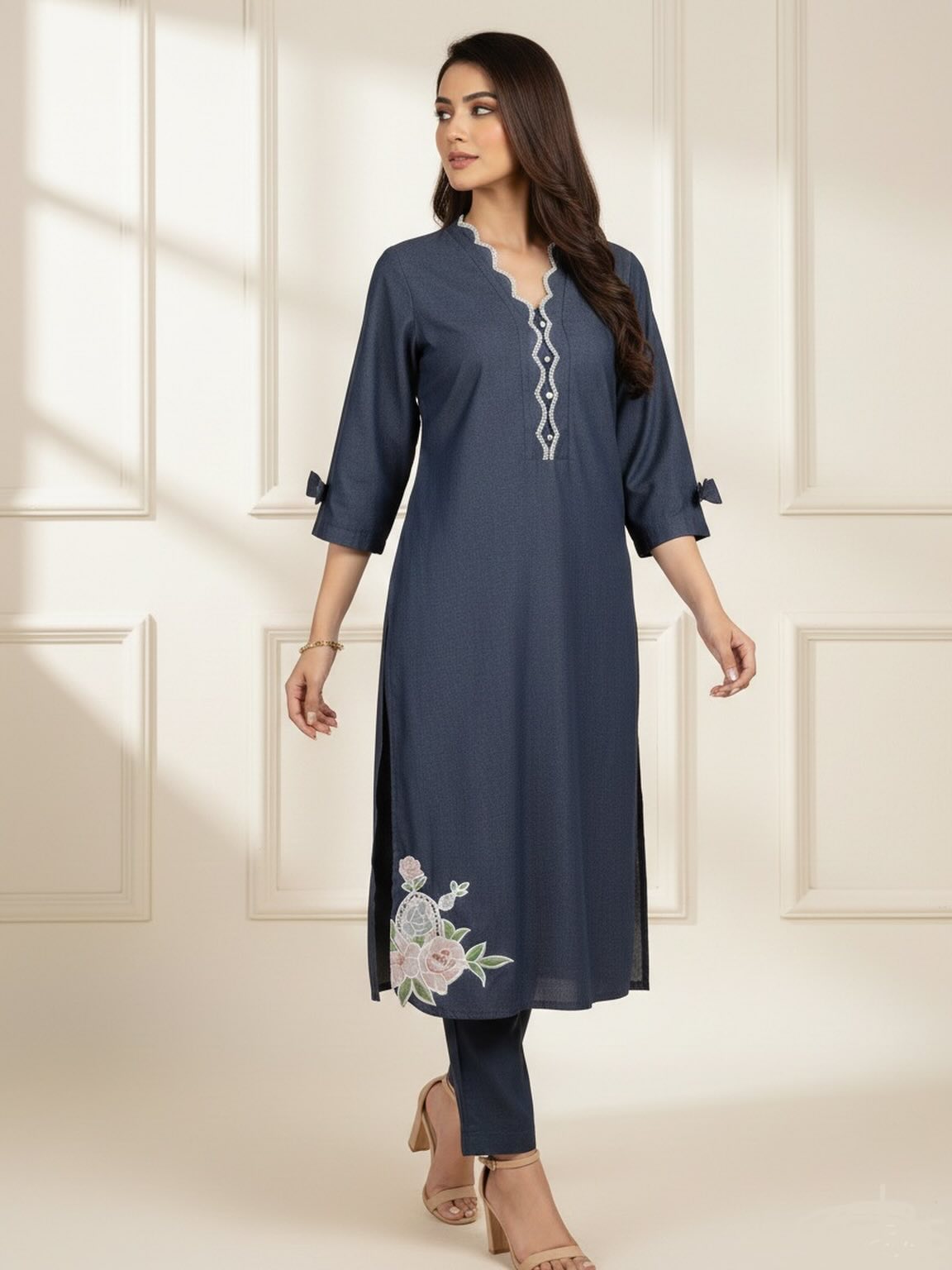 Navy Blue Embroidered Lawn Kurti with Floral Hem & Bow Details – Women's Casual Suit Set - XS