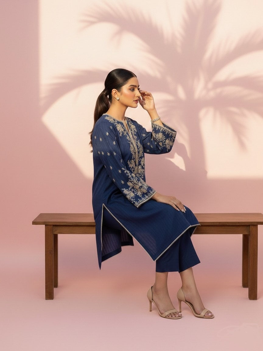Navy Blue Embroidered Lawn Suit with Zari Work – Women's Festive Kurta Palazzo Set