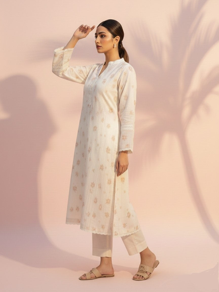 Off-White Floral Embroidered Lawn Suit – Women's Summer Kurta Palazzo Set