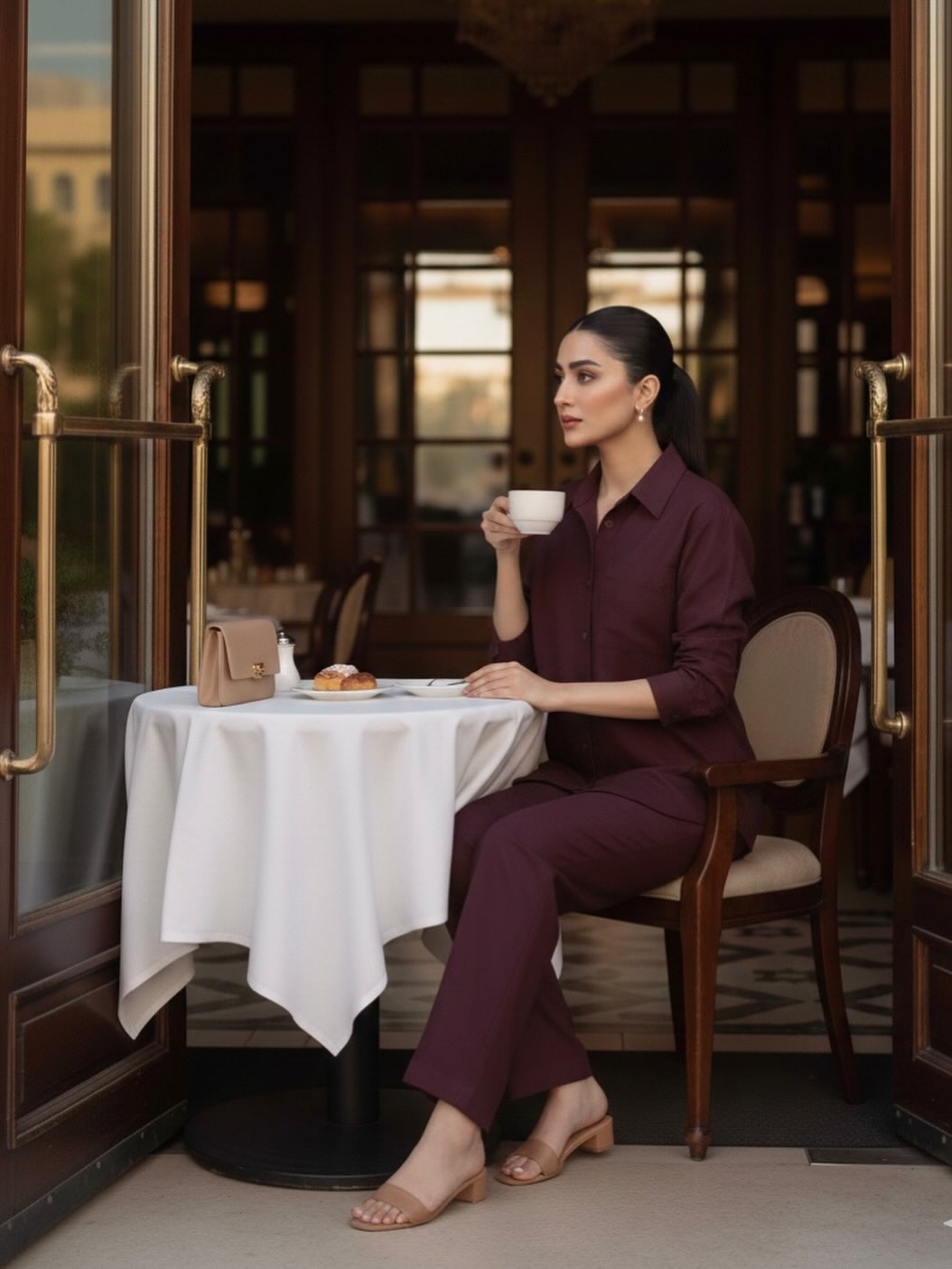 Deep Maroon Co-ord Set – Shirt & Wide-Leg Pants – Women's Modern Office Wear