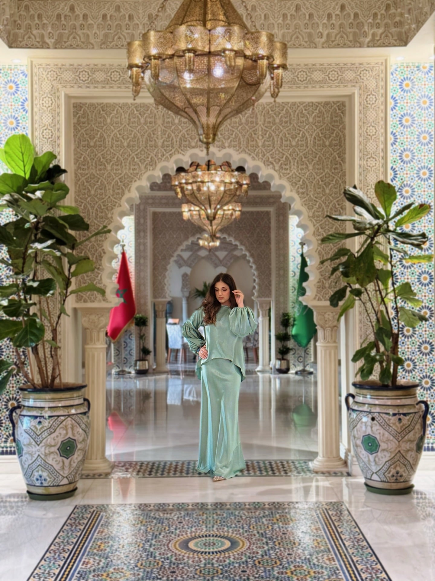 Soft Mint Green Satin Maxi Kurta Set – Women's Luxury Evening Gown with Puff Sleeves