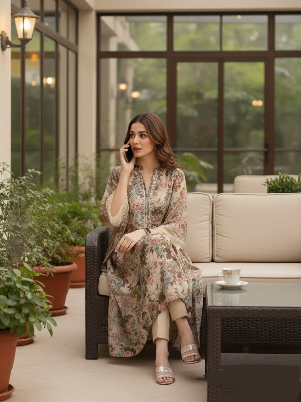 Beige Floral Garden Print Kaftan Kurta – Soft, Romantic & Effortlessly Elegant