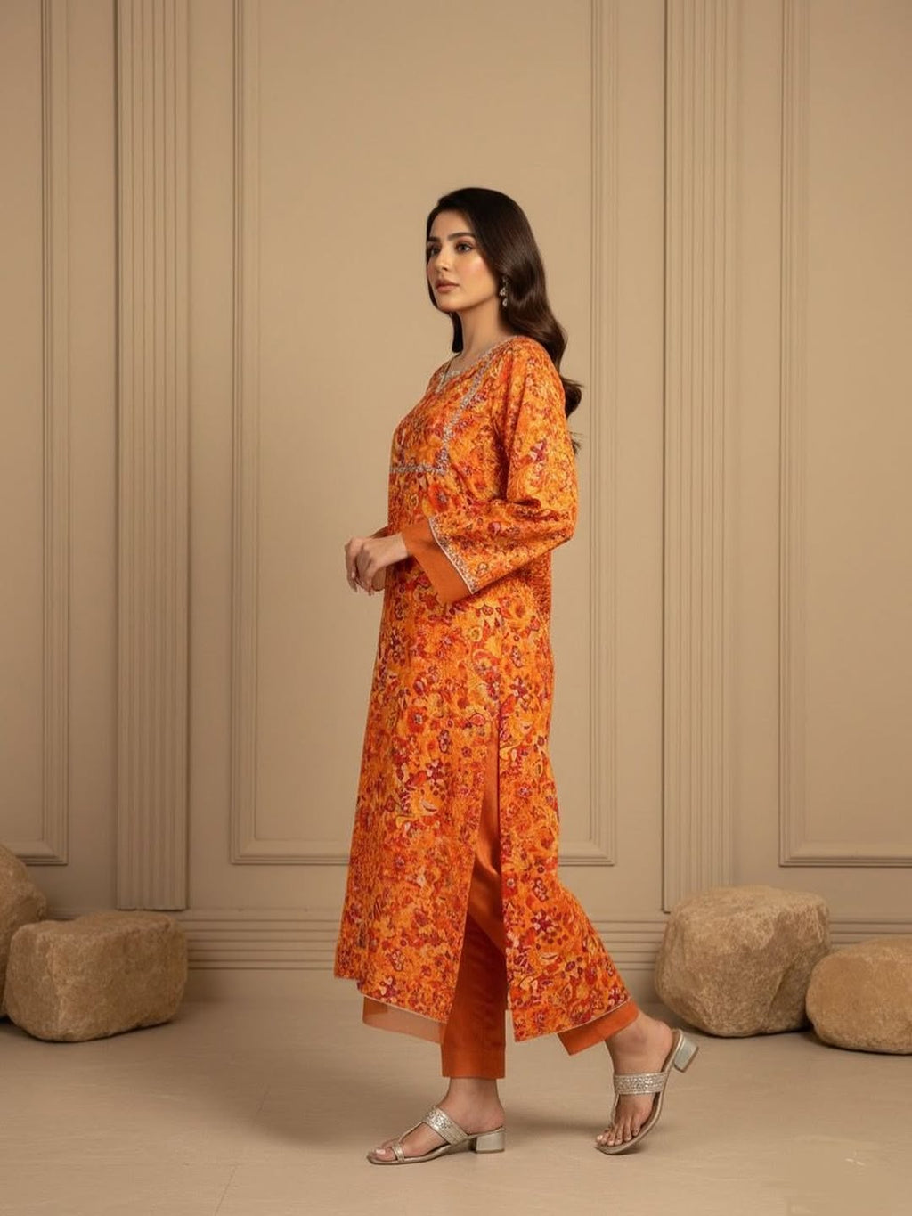 Burnt Orange Floral Printed Kurta Set – Multicolor Paisley & Gota Work - XS
