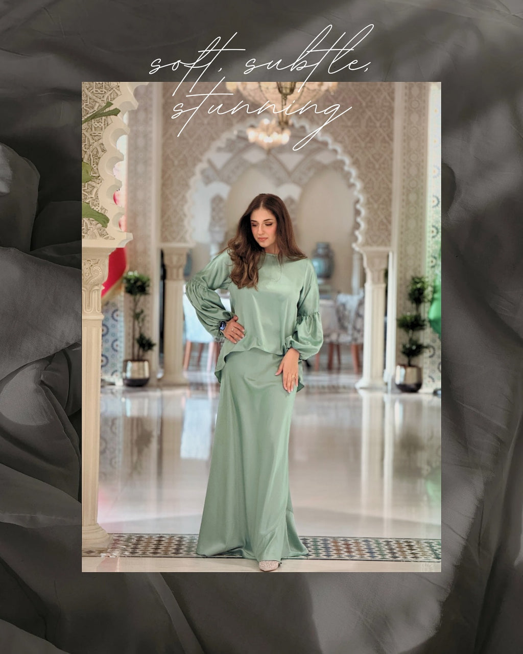 Soft Mint Green Satin Maxi Kurta Set – Women's Luxury Evening Gown with Puff Sleeves