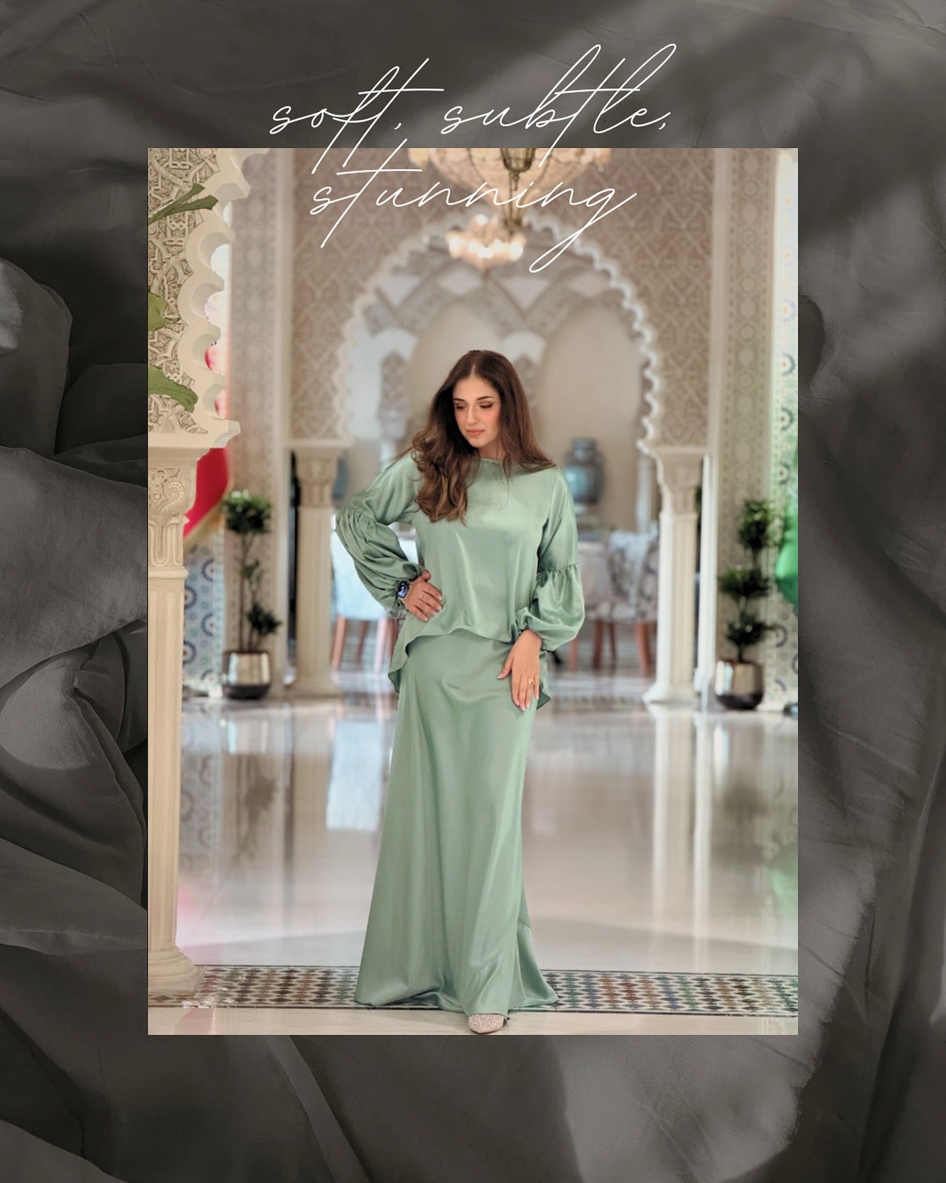 Soft Mint Green Satin Maxi Kurta Set – Women's Luxury Evening Gown with Puff Sleeves