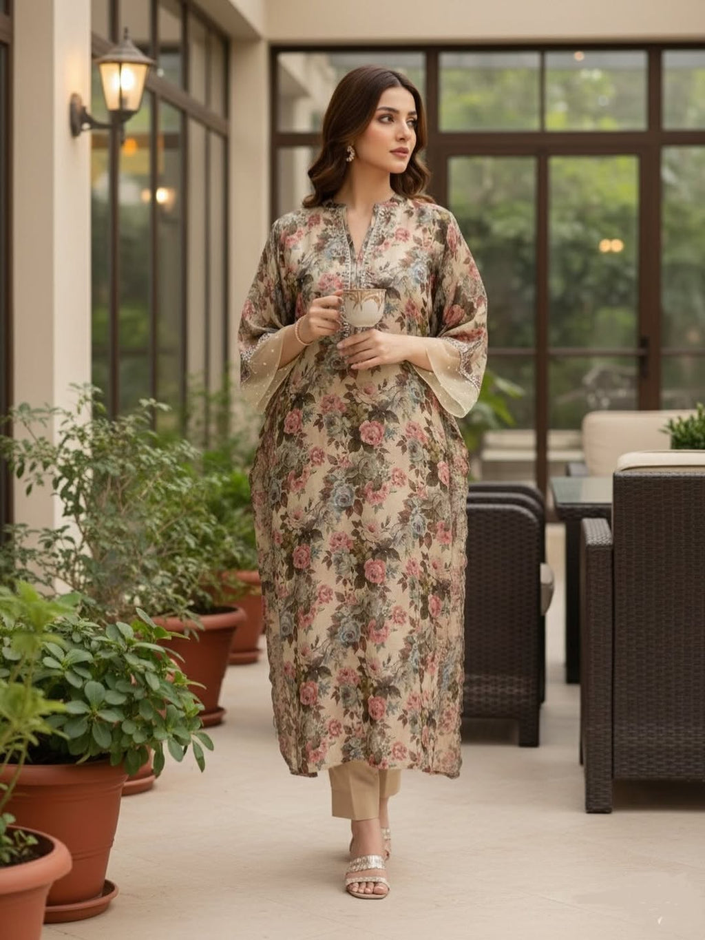 Beige Floral Garden Print Kaftan Kurta – Soft, Romantic & Effortlessly Elegant