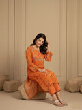 Burnt Orange Floral Printed Kurta Set – Multicolor Paisley & Gota Work - XS