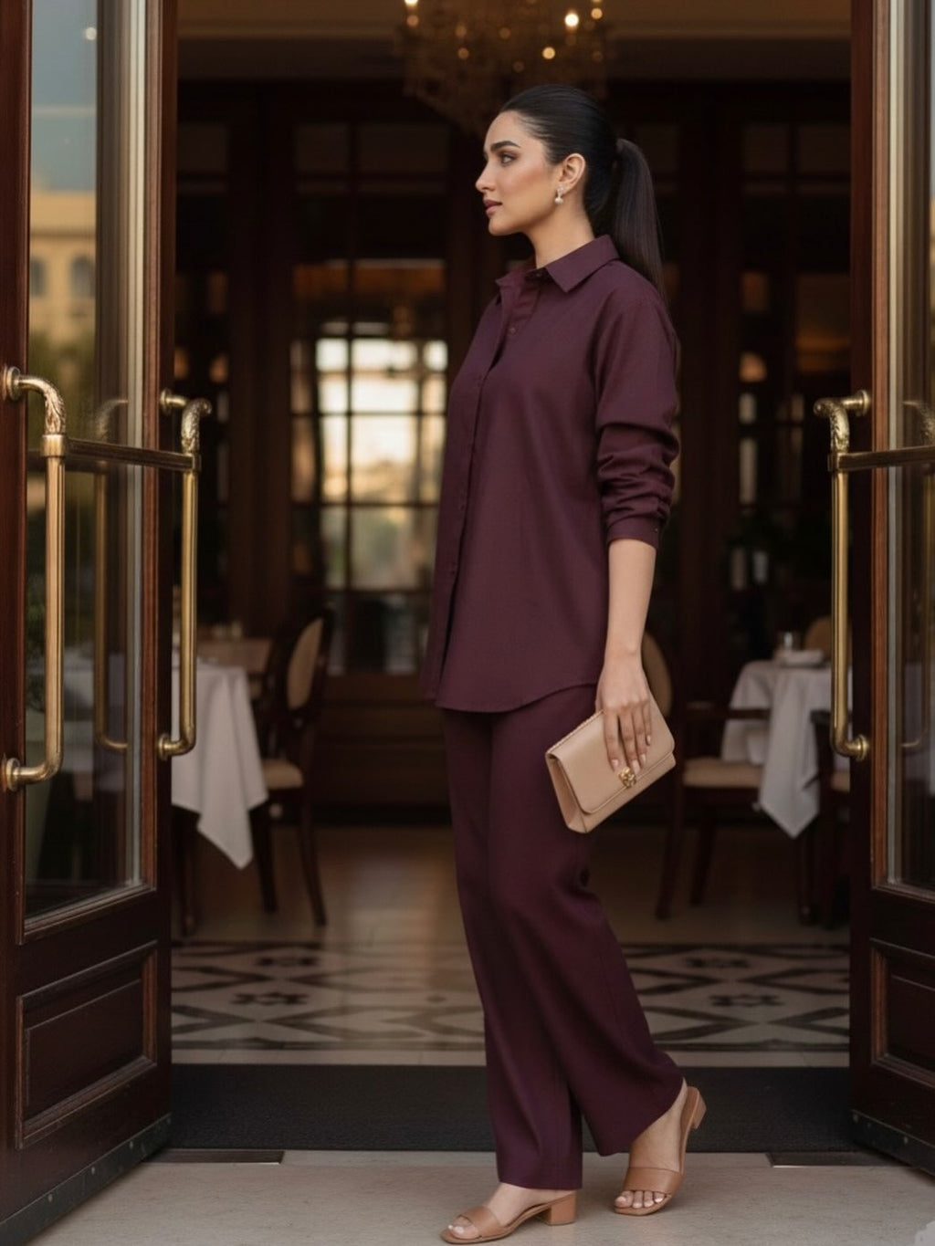 Deep Maroon Co-ord Set – Shirt & Wide-Leg Pants – Women's Modern Office Wear