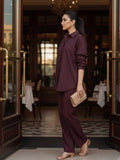 Deep Maroon Co-ord Set – Shirt & Wide-Leg Pants – Women's Modern Office Wear