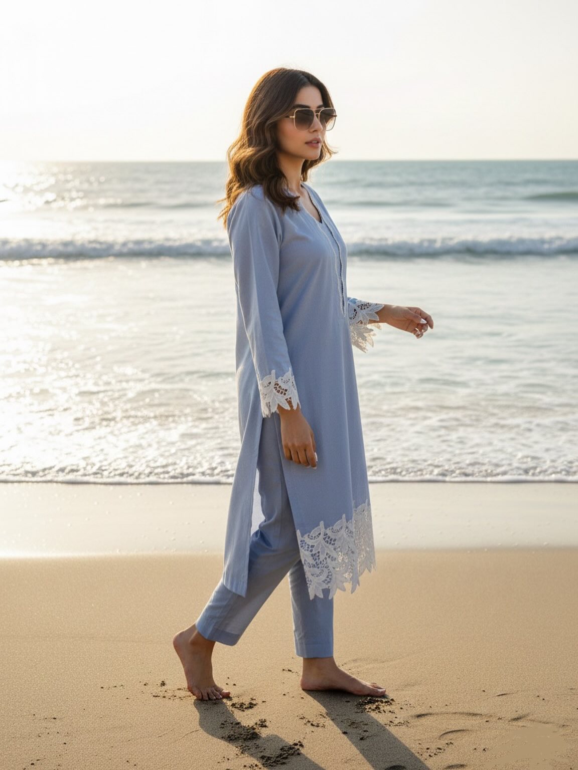 Sky Blue Lace Kurti Palazzo Set – Pakistani Lawn Suit 2026