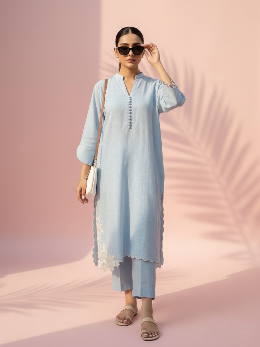 Light Blue Lawn Suit with Scalloped Lace & Pearl Buttons – Women's Summer Kurta Set