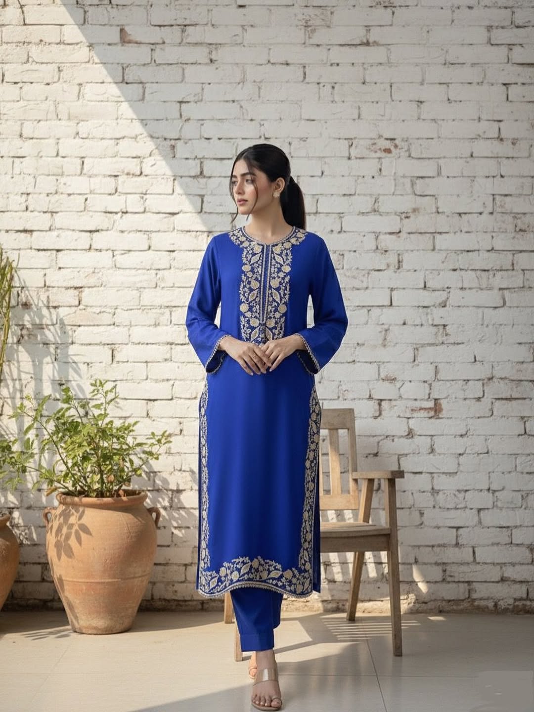 Royal Blue Embroidered Lawn Kurta Set – Timeless Elegance & Everyday Grace - XS