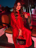 Vibrant Red Satin Maxi Kurta Dress – Women's Evening Party Gown with High Neck